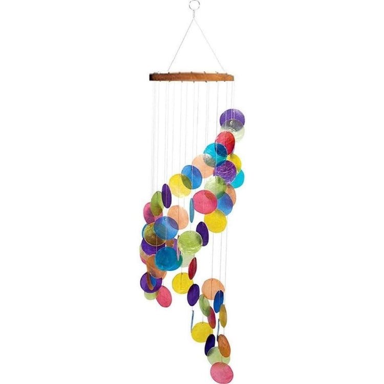 Spiral shape capiz shell chime in rainbow colors with wooden top.