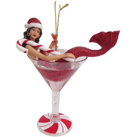 mermaid with red tail, santa hat, holding a candycane & martini 