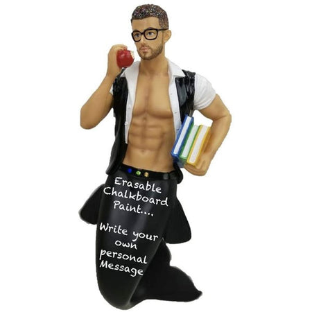 Merman figurine hanging ornament.   Holding books and an apple. Tail is black with text "Erasable Chalkboard Paint.... Write your own personal Message".