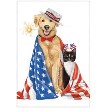 Golden retriever & black & white cat with a flag & sparklers.