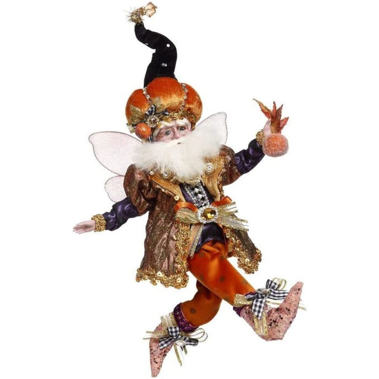 Bearded Fairy with a pumpkin hat with long black stocking. gold jacket, and orange pants.