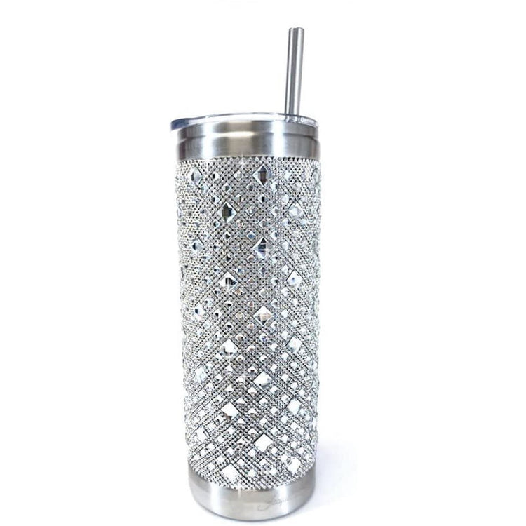 Silver tumbler with silver gems covering it. 