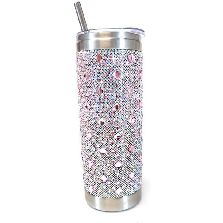 Silver and pink gems covering the tumbler. 