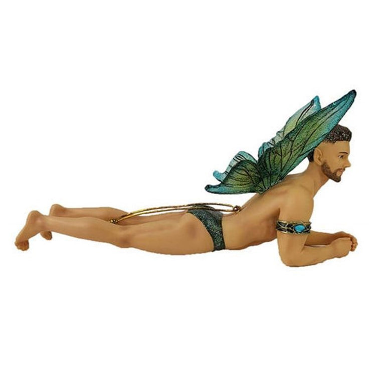 Fairy figurine shaped hanging ornament.  He is wearing teal  bathing suit and arm band, he is lying on his stomach up on arms.