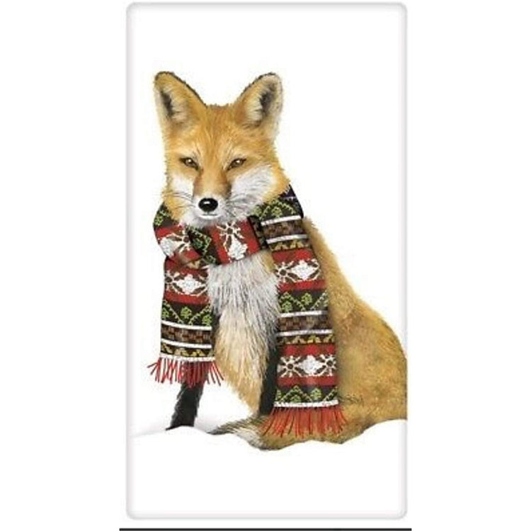 White towel with a red fox wearing a red & black winter scarf.