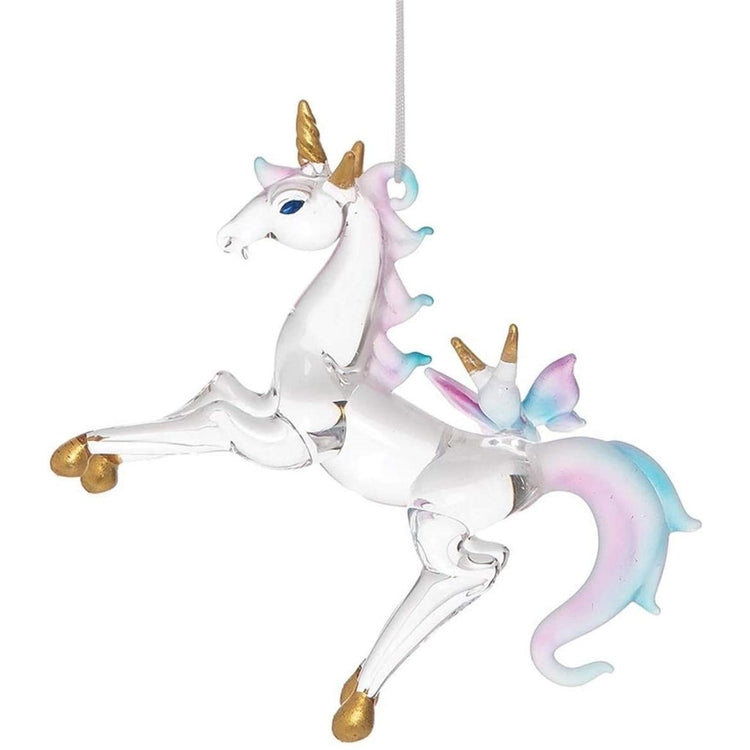 Clear glass unicorn with gold hooves & horns. Light pink & light blue tail & mane.