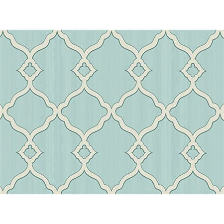 light blue rectangular placemat with off white fretwork design.