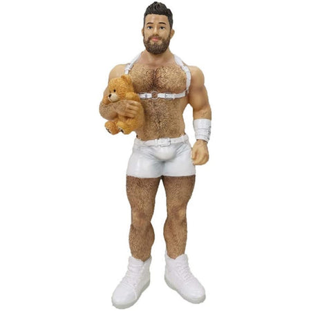 Burly man shaped figuring ornament.  Wearing white workout gear holding a teddy bear. 