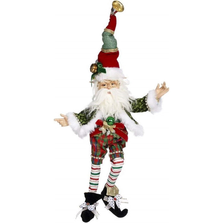 Elf figurine, white fuzzy beard wearing green and red outfit, black boots & a tall pointy hat. 