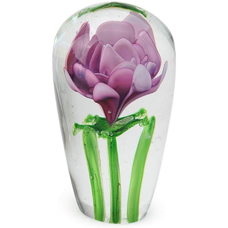 Jellyfish shaped glass paper weight with long stemmed pink rose made of glass inside. 