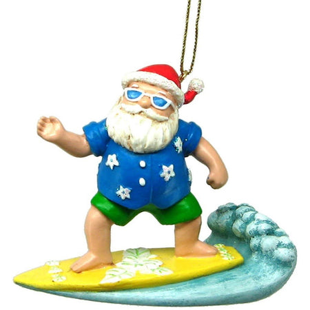 Santa on a yellow surfboard riding a wave