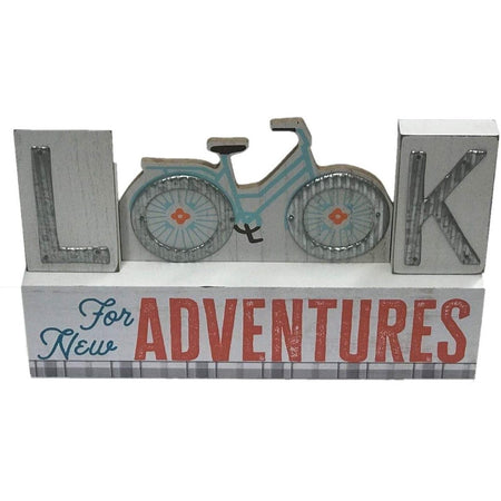 Look for new adventures tabletop sign with orange letters and a bike.