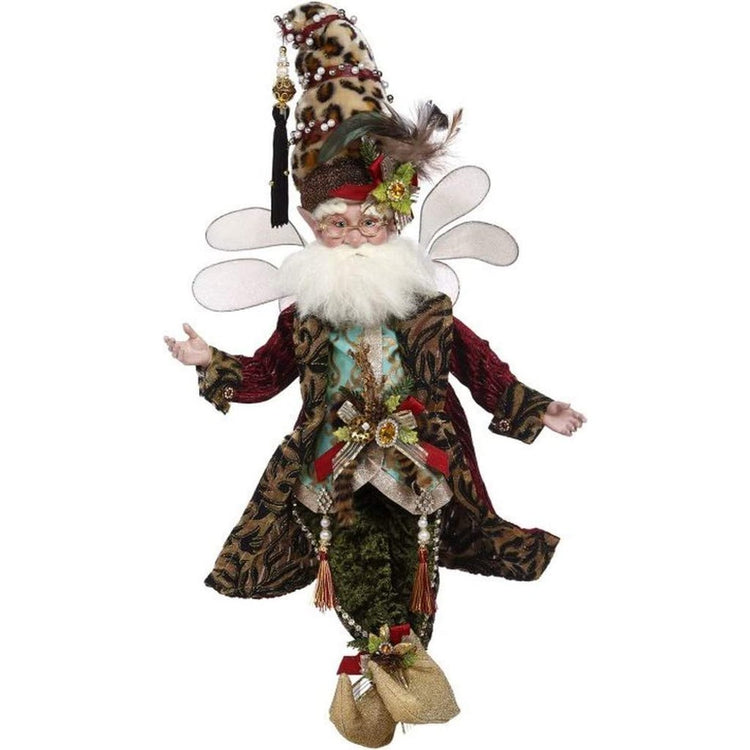 Bearded fairy wearing tall cheetah print fur hat, a red coat with tiger pattern collar and cuffs.