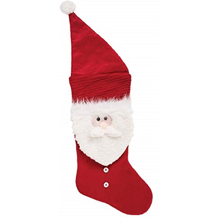 Red stocking has hat with white ball on type. Santa face in middle of stocking with 2 white buttons below face.