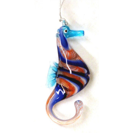 Blue and orange seahorse figurine hanging ornament.
