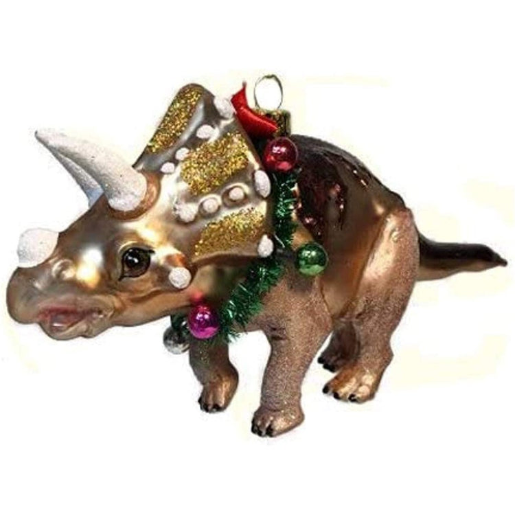 Brown 3 horn dinosaur with gold glitter embellishment & a wreath around its neck with ornaments.