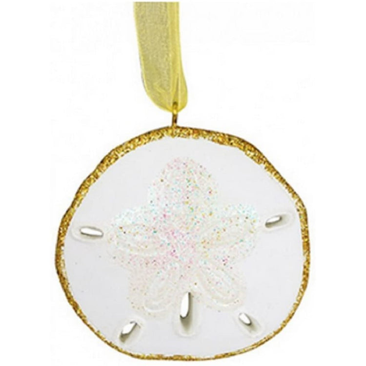 white sand dollar with gold glitter on its edge & white glitter in the center