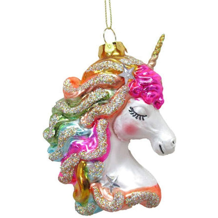 Blown glass and resin ornament of a unicorn head with rainbow glitter mane.