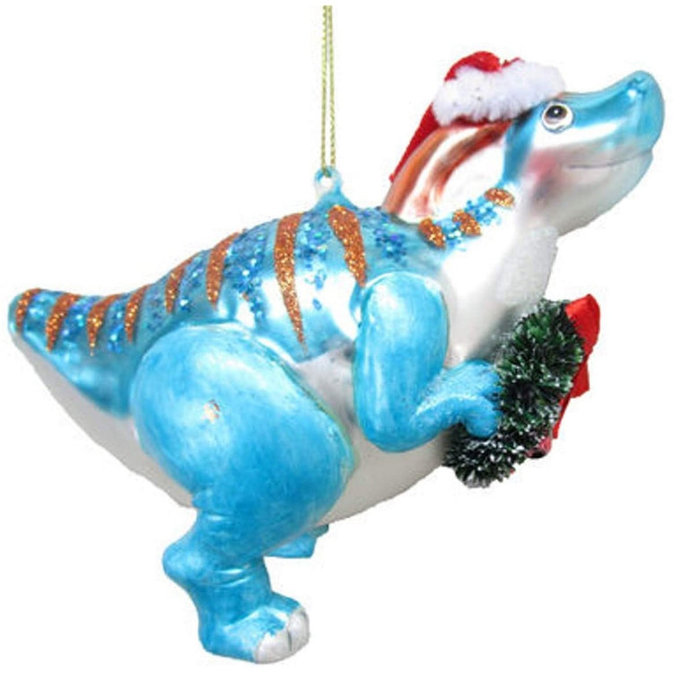 Blown glass blue dinosaur in a santa hat, holding a wreath.