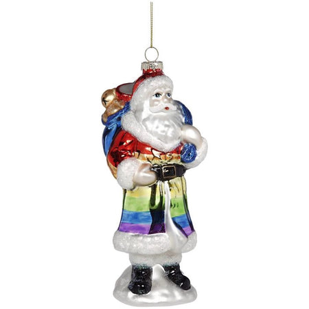 Blown glass santa costume, santa is in a long rainbow striped coat and carrying a blue toy sack.
