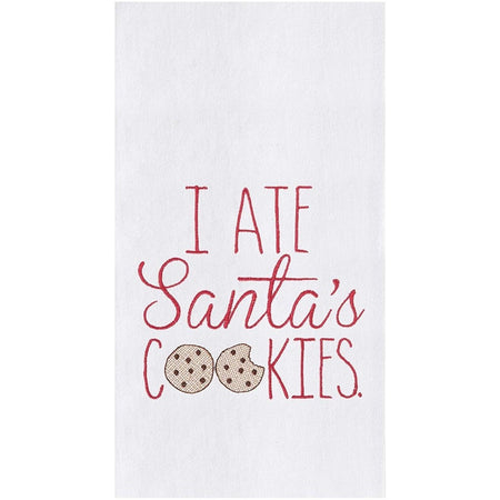 White flour sack dish towel embroidered with text "I ATE Santa's COOKIES" and the OO in cookies are chocolate chip cookies.