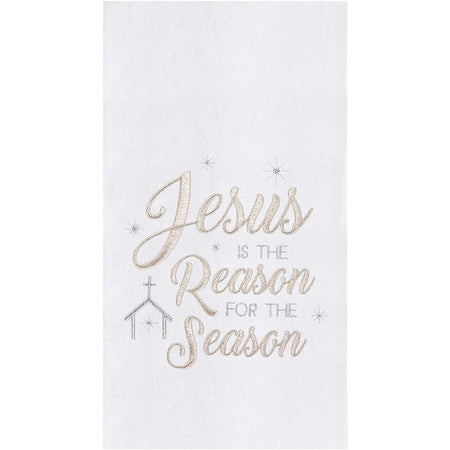 White towel saying "Jesus is the reason for the season". 