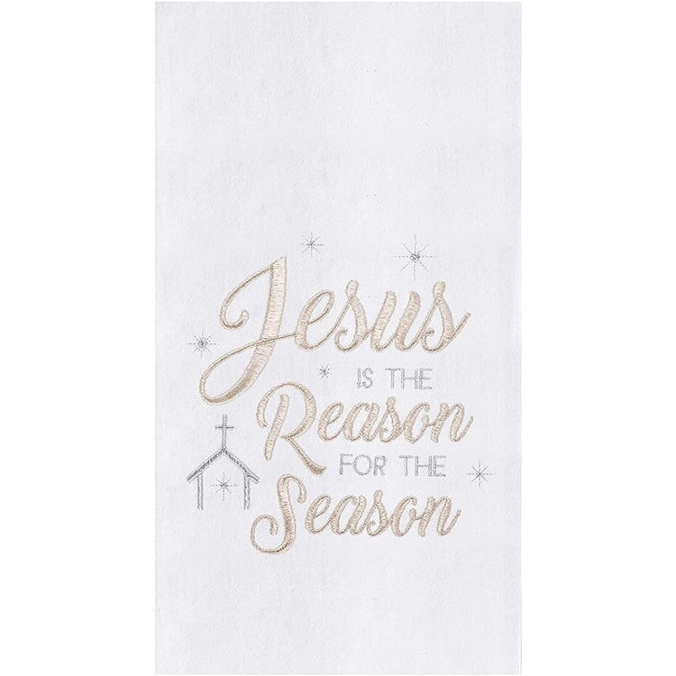 White towel saying "Jesus is the reason for the season". 