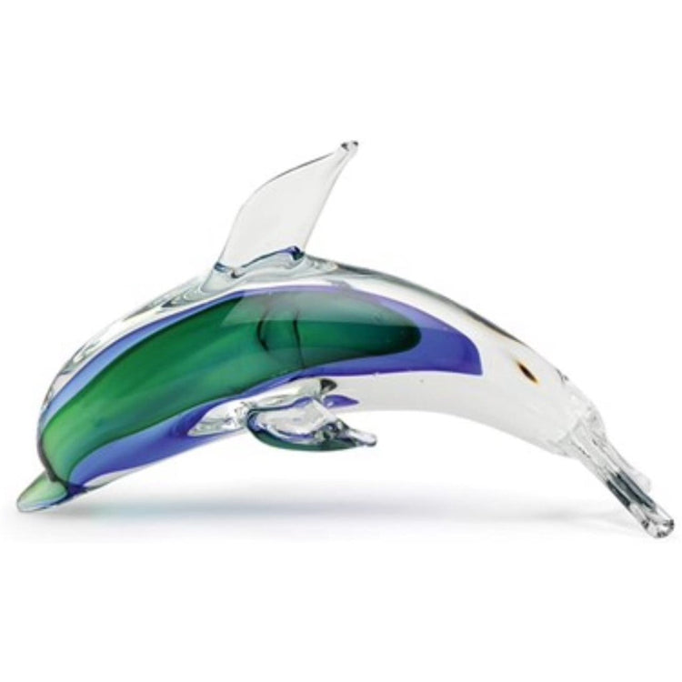 Glass dolphin figurine with blue and green inside.
