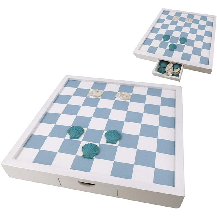 White board with light blue and white checkers. Comes with white and teal shell pieces.