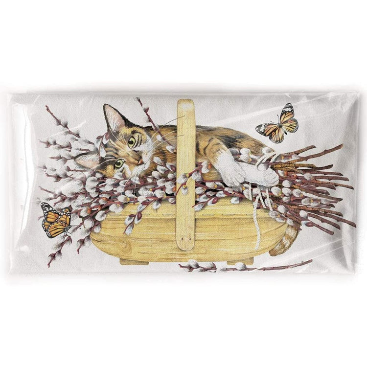 Flour sack towel with a tabby cat laying in a basket of willow branches.