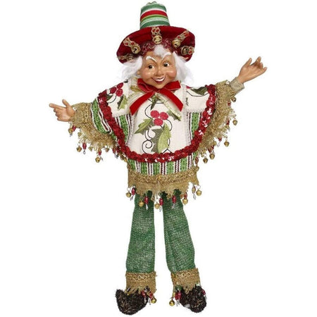 Elf with a striped hat, wearing green pants & a poncho.