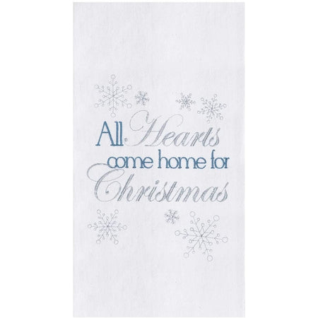 White towel that says "all hearts come home for Christmas"