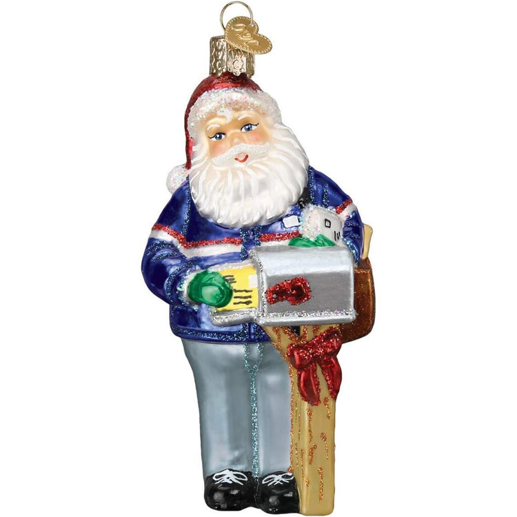 Blown glass ornament of Santa in a USPS post man uniform, putting letters into a mailbox.
