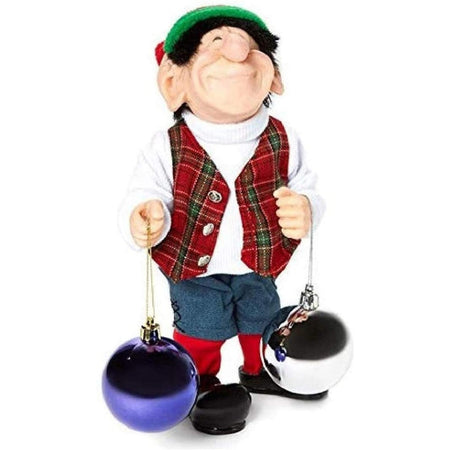 Elf man with black hair, sweater, vest & holding 2 ornaments