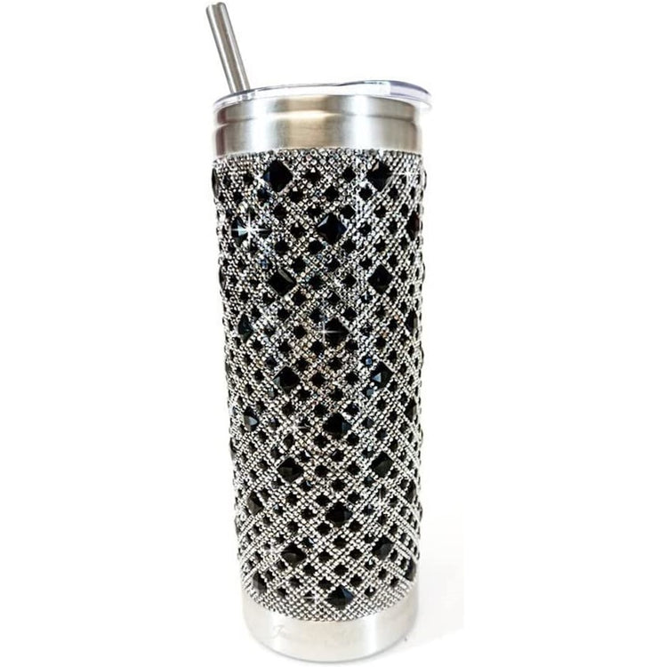 Black & silver gems covering this silver tumbler.