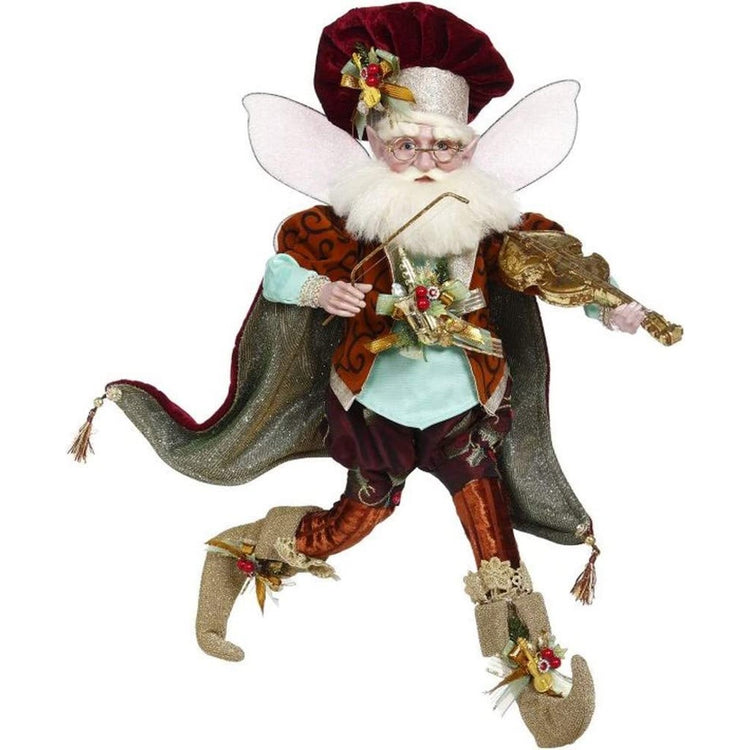 bearded fairy that is wearing dark red cap and cape, brown vest and tights and is holding a violin and a bow.