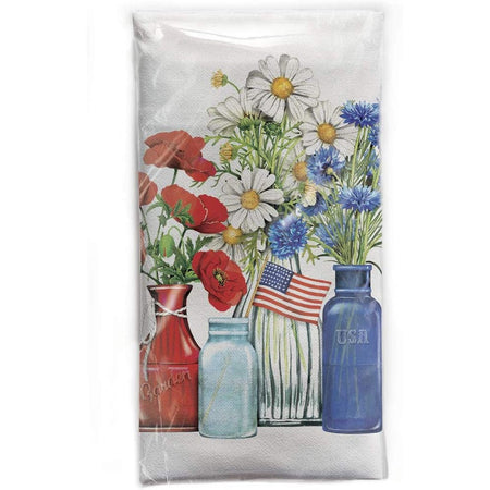 Red, white, blue & clear glass jars & flowers.