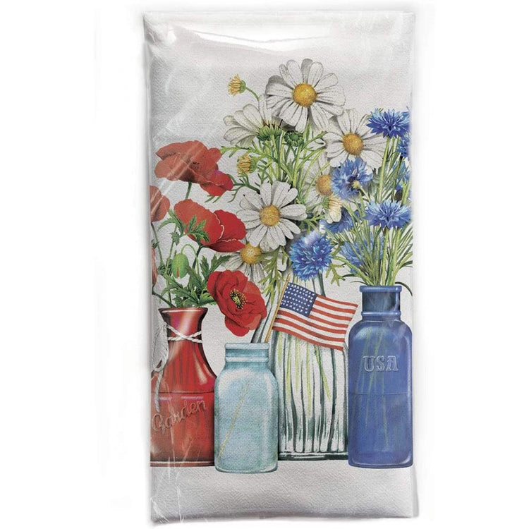 Red, white, blue & clear glass jars & flowers.