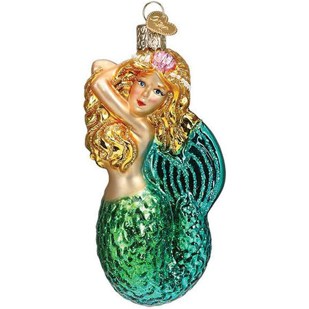 Blonde mermaid with a green & blue tail.