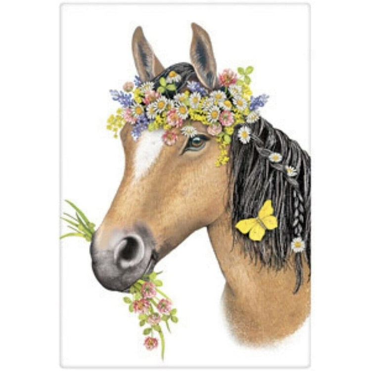 Brown horse with a flower crown & flowers in its mouth.