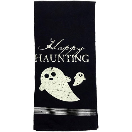Black towel with white glow ghosts saying Happy Haunting.