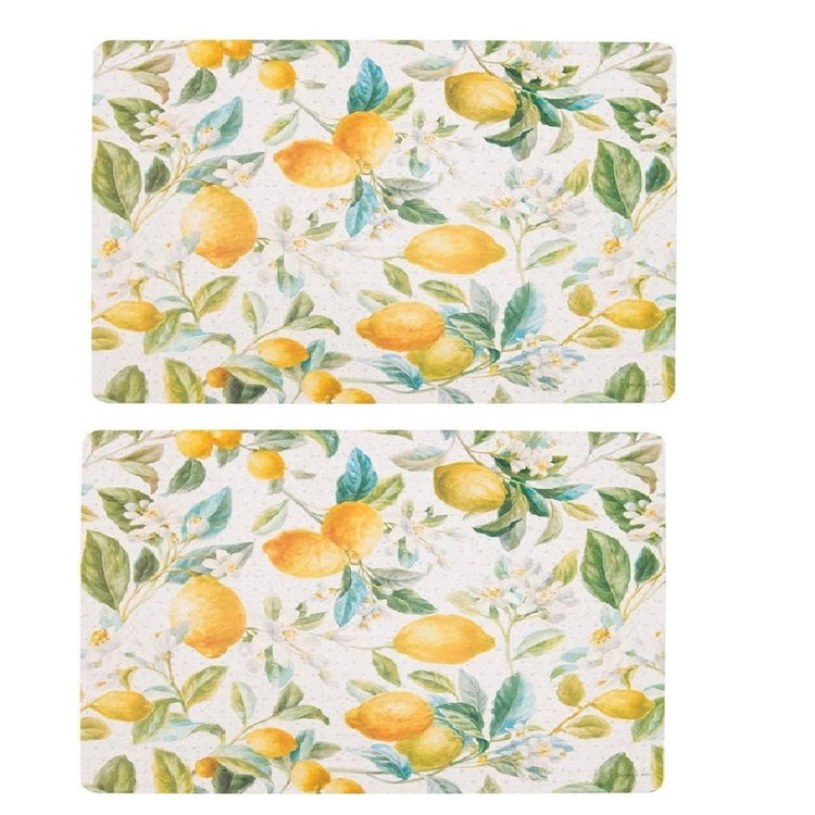 2 Hardboard placemats showing lemons with branches and white flowers on a white background with light gray dots.