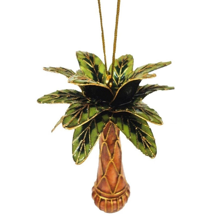Palm tree shaped hanging Christmas ornament with gold cord and metal accents.