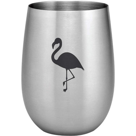 Stemless stainless color wine glass with flamingo print.