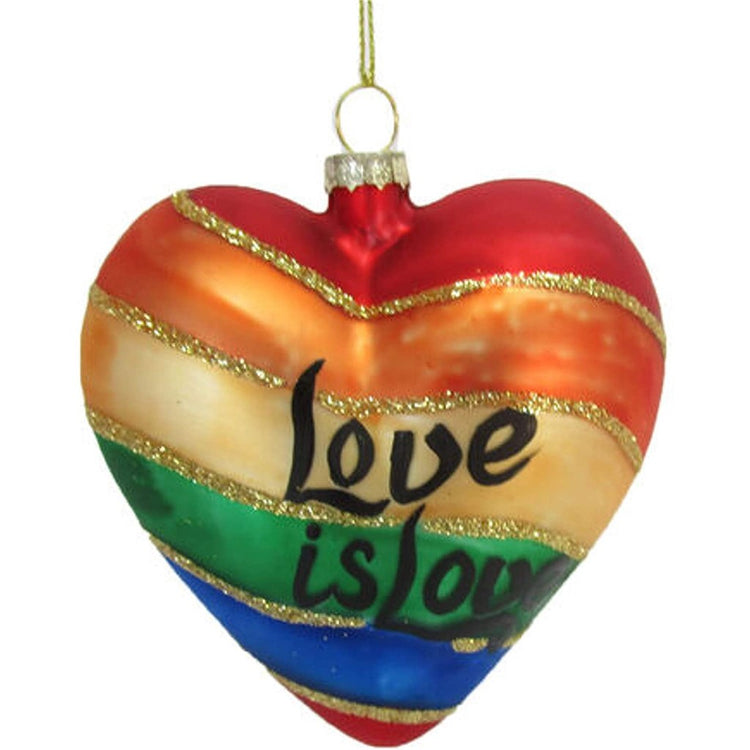 Rainbow heart shaped ornament. It says Love is love.