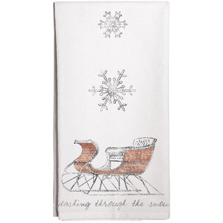 white towel with a red vintage sleigh, two snowflakes and the words dashing through the snow.