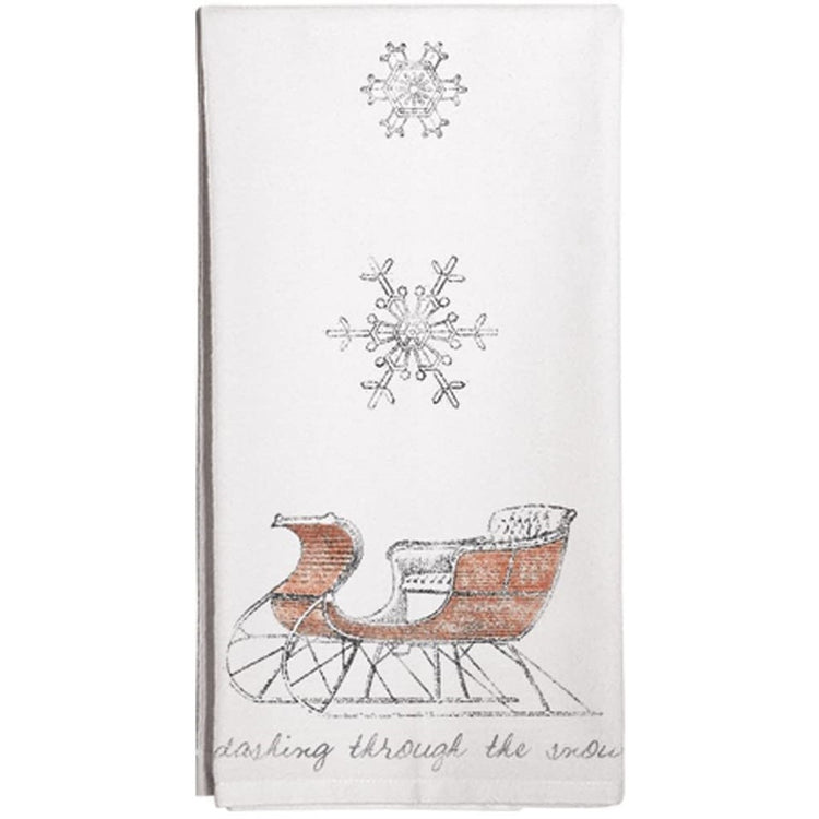 white towel with a red vintage sleigh, two snowflakes and the words dashing through the snow.
