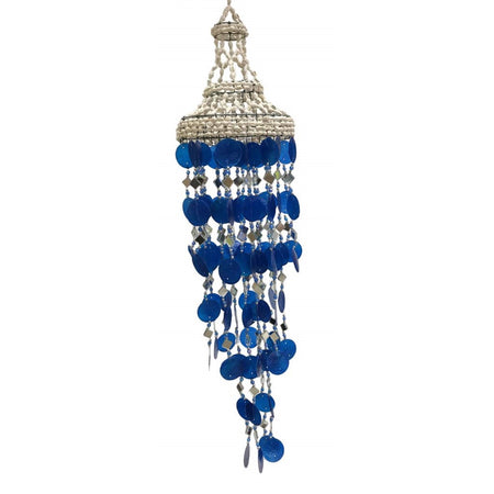 blue capize shells make a graduated chime with shell top and decorated with mirrors and beads
