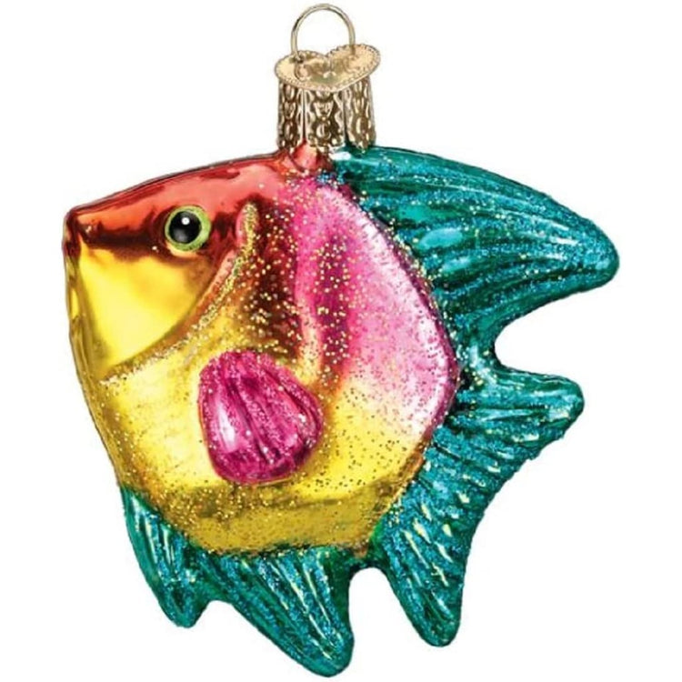 Blown glass tropical colored angel fish, the body is pink, yellow and red and the fishes fins are all a teal blue color.