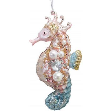Seahorse shaped figurine ornament. Pink fades to white and teal with glitter and pearl embellishment.